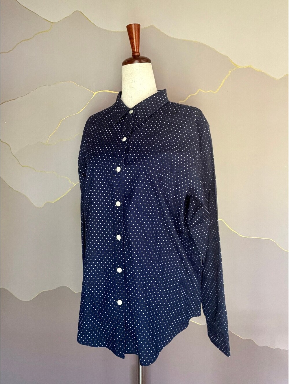L.L.Bean Women M Navy Mini Print Wrinkle Free 100% Cotton Button Down Shirt